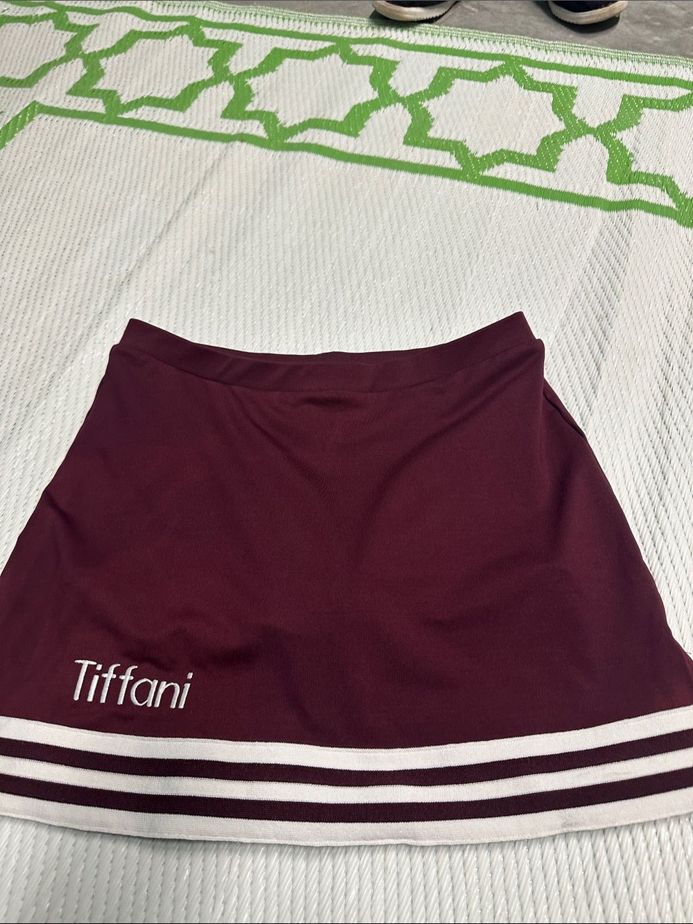 Varsity Burgundy Mini Skirt with White Hem Stripes and Tiffani Embroidery